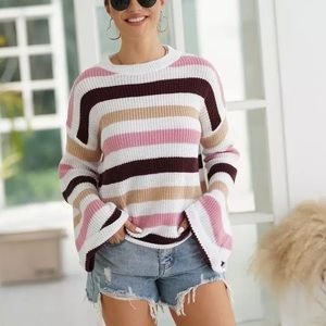 Boho Striped Knit Bell Sleeves Sweater WHITE MED